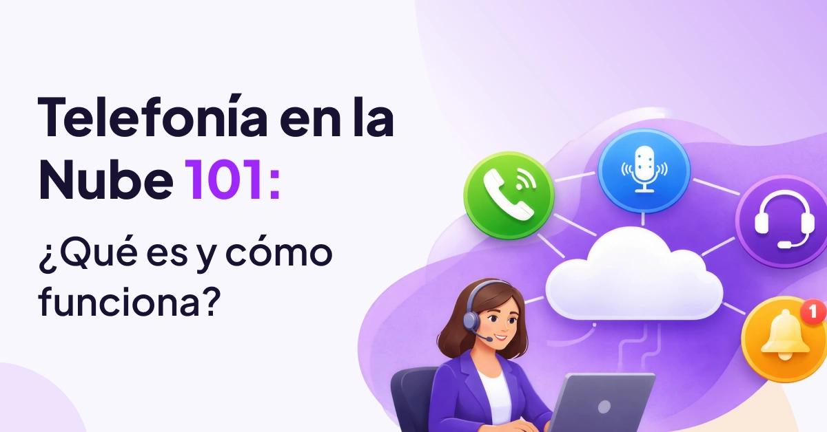 Cómo funciona la telefonía en la nube, ilustrada con iconos para llamadas, audio, auriculares y notificaciones conectados a una nube central.