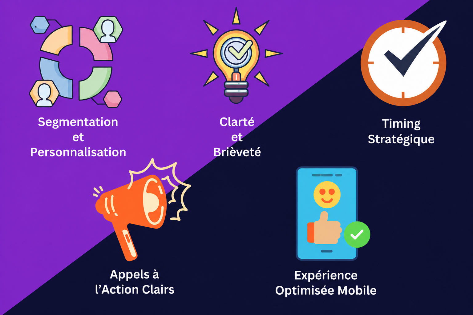 Un visuel illustrant 5 approches clés pour une campagne SMS au goutte-à-goutte réussie : segmentation et personnalisation, clarté et concision, timing stratégique, appels à l'action clairs et expérience adaptée aux mobiles.