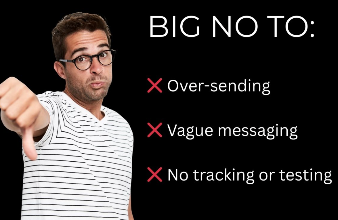 Man giving thumbs down next to a list of SMS promotion mistakes like over-sending, vague messaging, and poor tracking in SMS sales promotion and sale SMS campaigns.