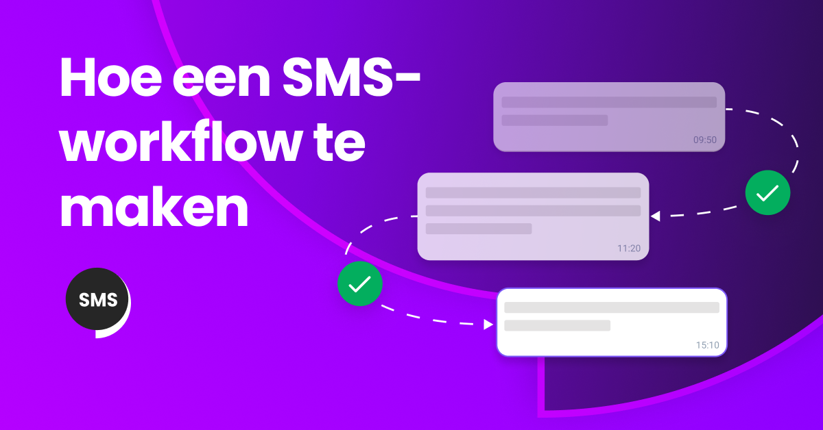 Illustratie van een vrouw die een laptop en telefoon gebruikt om een sms-workflow in te stellen met pictogrammen voor berichten, grafieken en automatisering