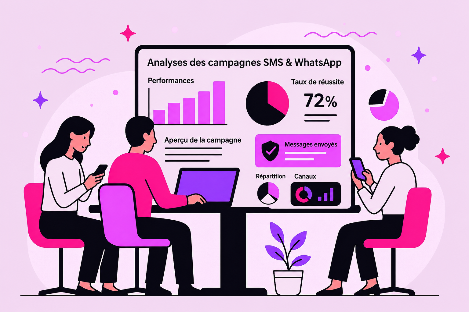 Image d’une équipe de personnes travaillant au bureau et consultant le tableau de bord géant affichant des statistiques et des indicateurs.