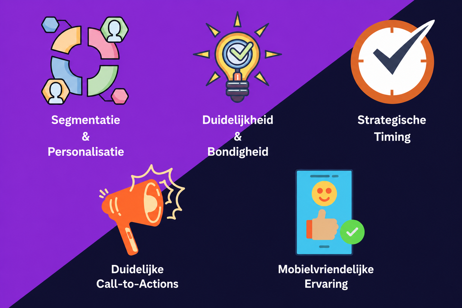 Een afbeelding met 5 belangrijke benaderingen voor een succesvolle SMS-campagne: segmentatie en personalisatie, duidelijkheid en beknoptheid, strategische timing, duidelijke call-to-actions en een mobielvriendelijke ervaring.