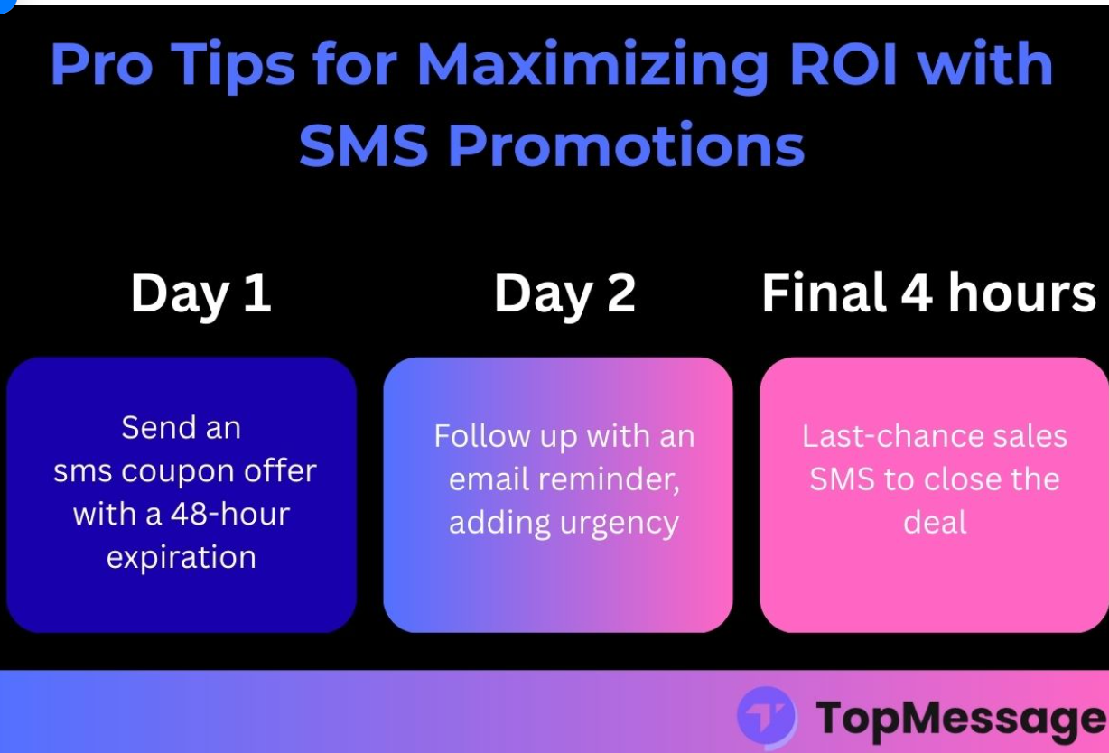 Infographic showing a 3-day strategy to increase ROI with SMS sales promotion, including SMS coupons, email follow-up, and last-chance sales SMS reminders.