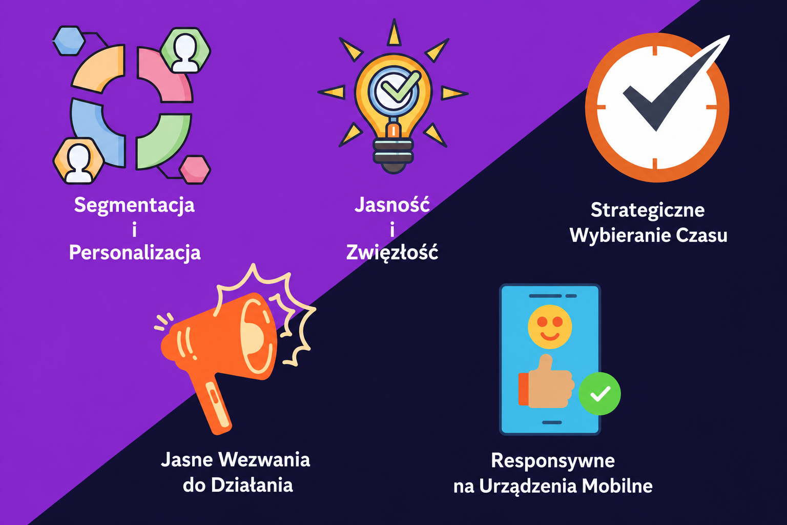 Wizualizacja prezentująca 5 najważniejszych podejść do skutecznej kampanii SMS-owej: segmentacja i personalizacja, przejrzystość i zwięzłość, strategiczny czas, jasne wezwania do działania i dostosowanie do urządzeń mobilnych.