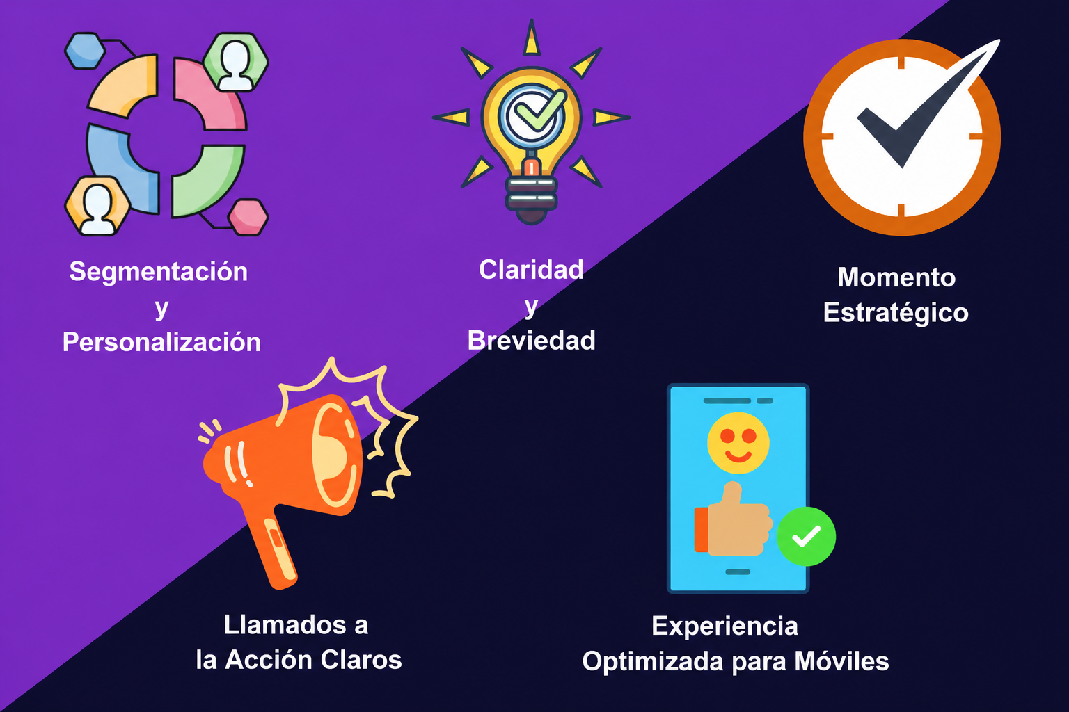 Una imagen que muestra 5 enfoques clave para una campaña de SMS automatizada exitosa: segmentación y personalización, claridad y brevedad, sincronización estratégica, llamadas a la acción claras y experiencia optimizada para dispositivos móviles.