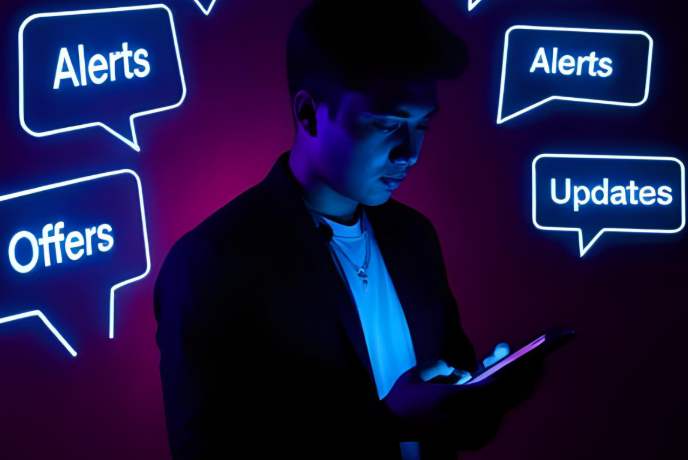 a man looking at his cellphone and reading several SMS messages with updates, alerts, and offers
