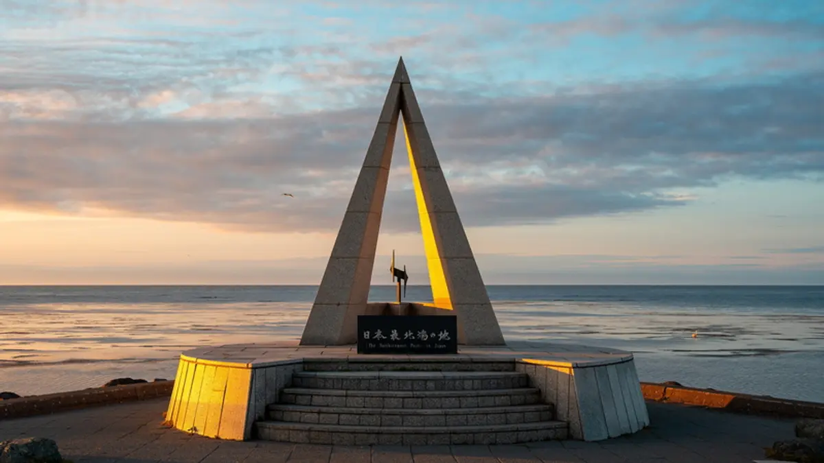 Northernmost Point of Japan monument at Cape Soya in Hokkaido overlooking the sea