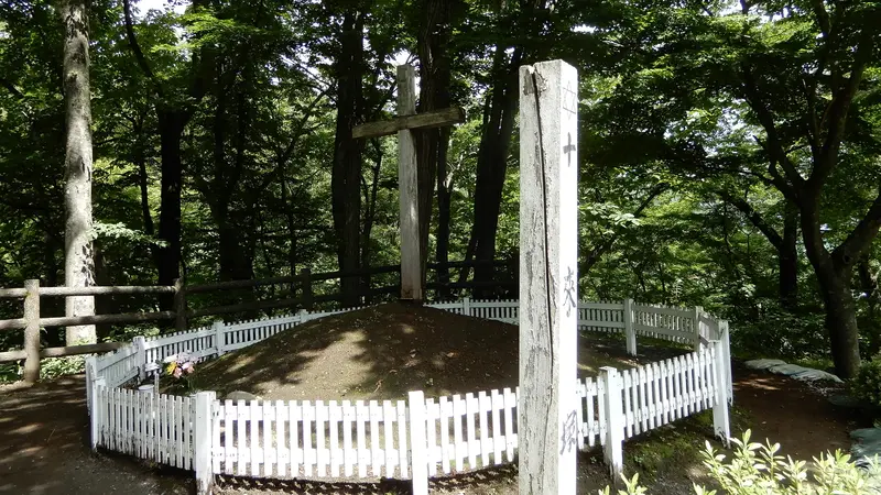 Wooden cross at the site known as the Tomb of Christ in Shingo Village, Aomori, Japan