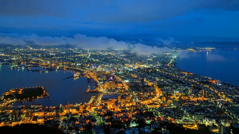 Night view of Hakodate city and its coastline from Mount Hakodate, Hokkaido