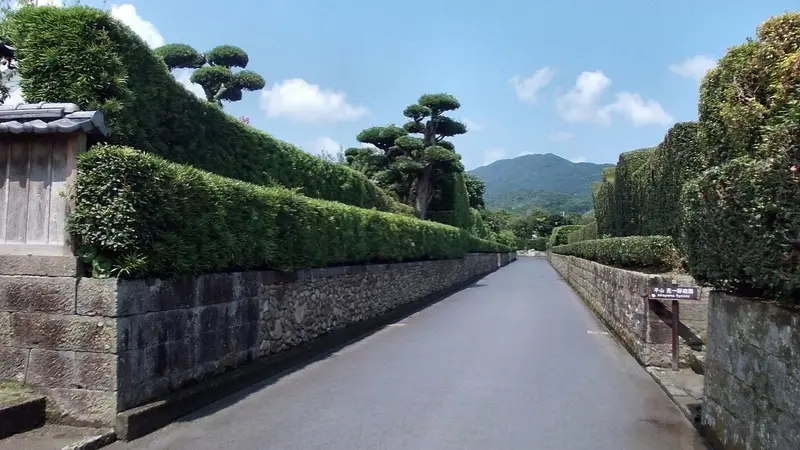Stone walls and clipped hedges along the samurai residence street in Chiran, Kagoshima