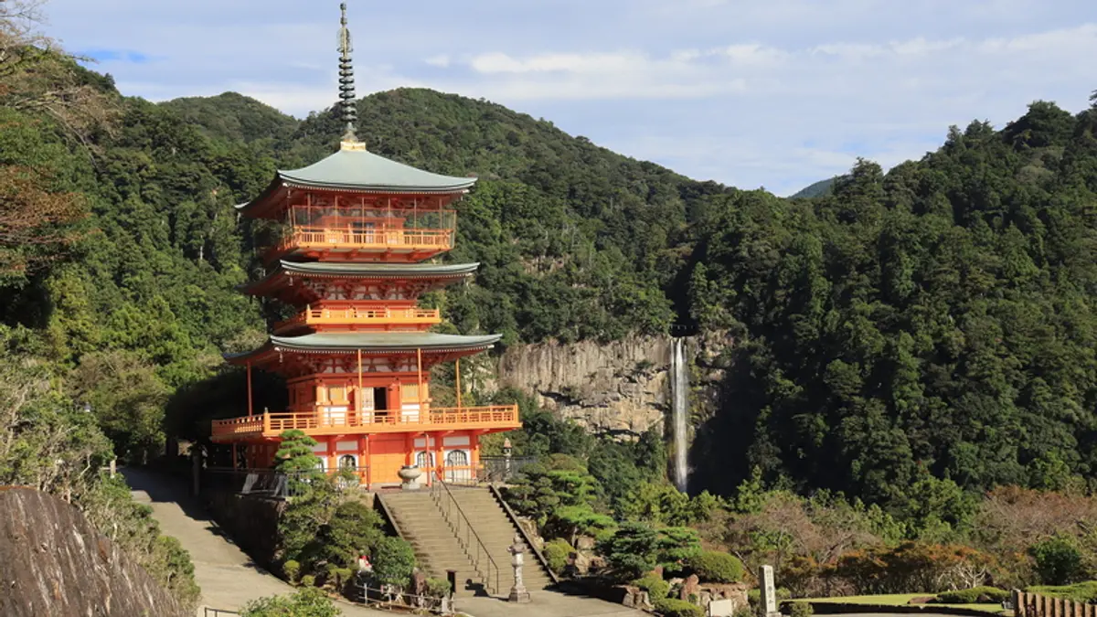 Three-storied pagoda of Seiganto-ji and Nachi Falls in Wakayama, Japan
