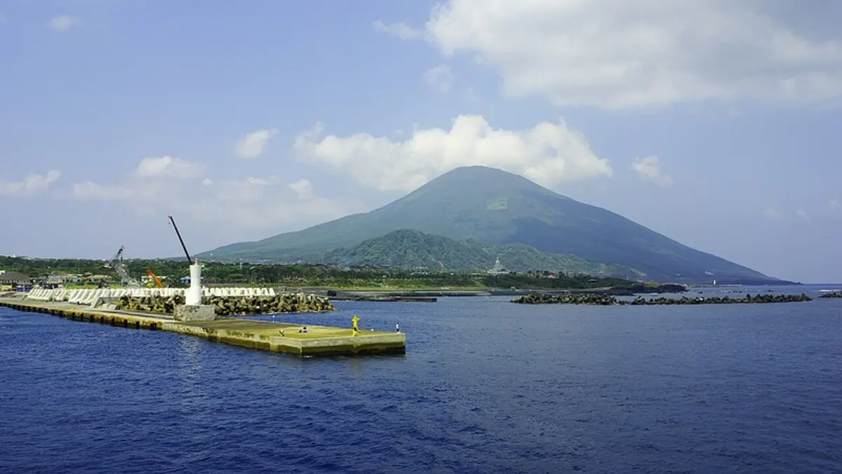 Sokodo Harbor and Mount Hachijo-Fuji on Hachijojima Island, Tokyo