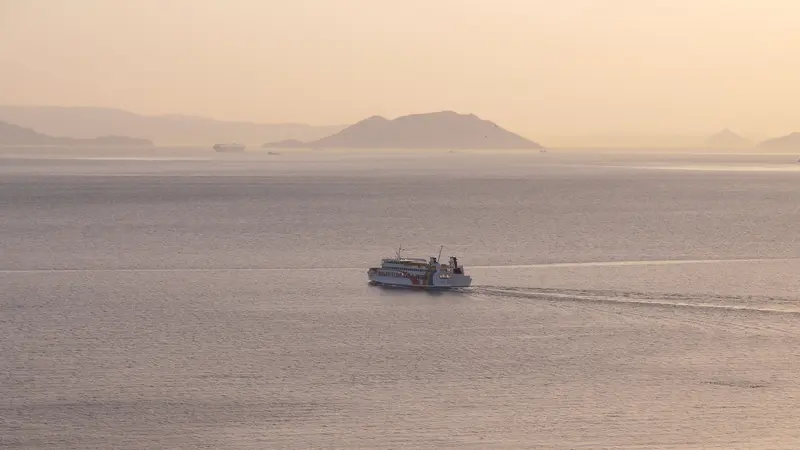 Ferry and islands at sunset viewed from Ikeda Port on Shodoshima, Kagawa, Japan