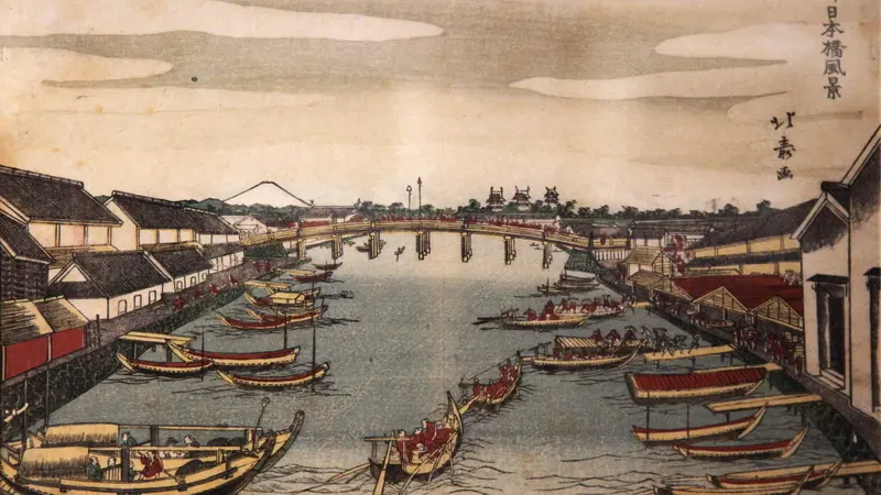 Ukiyo-e by Shotei Hokuju showing Nihonbashi Bridge and boats in Edo