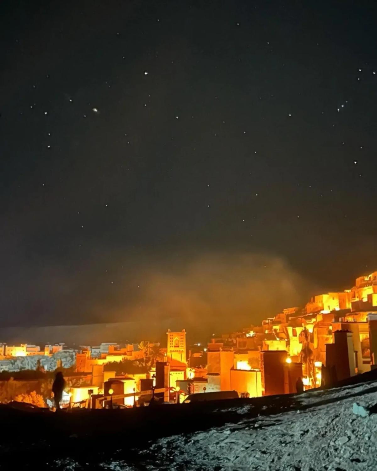 Aït Benhaddou lit up during a night filming sequence for The Odyssey