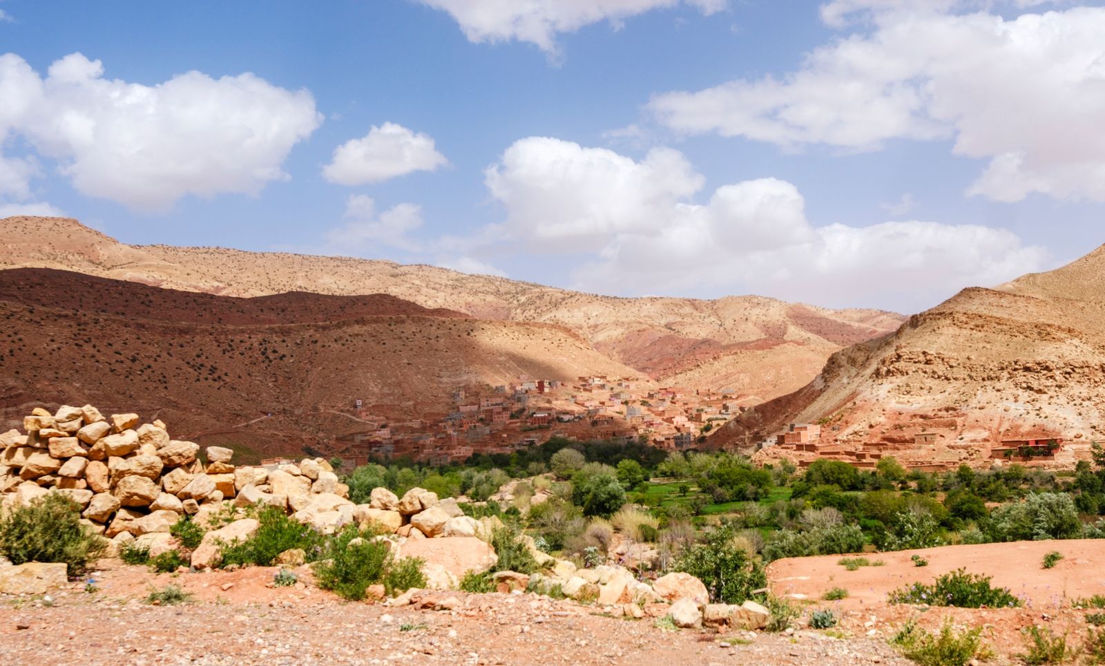 Ait Benhaddou kasbah in the Atlas landscape, Morocco