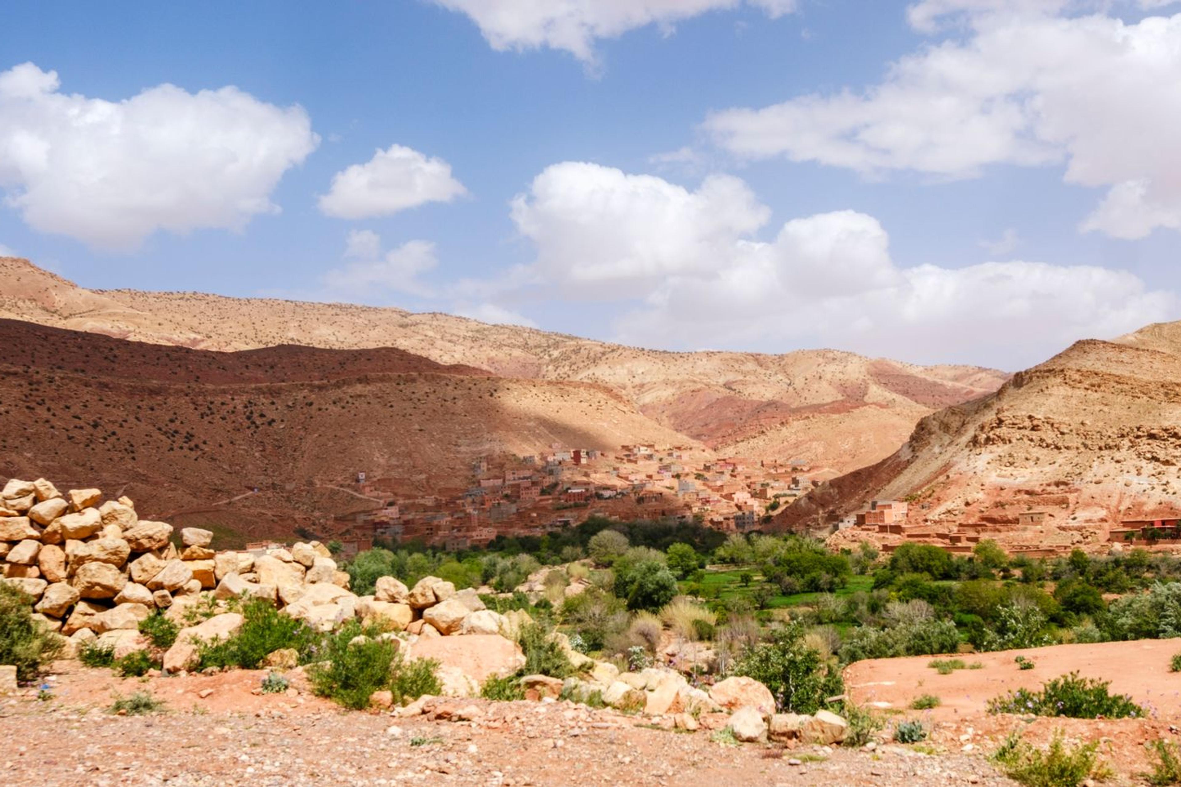 Ait Benhaddou kasbah in the Atlas landscape, Morocco
