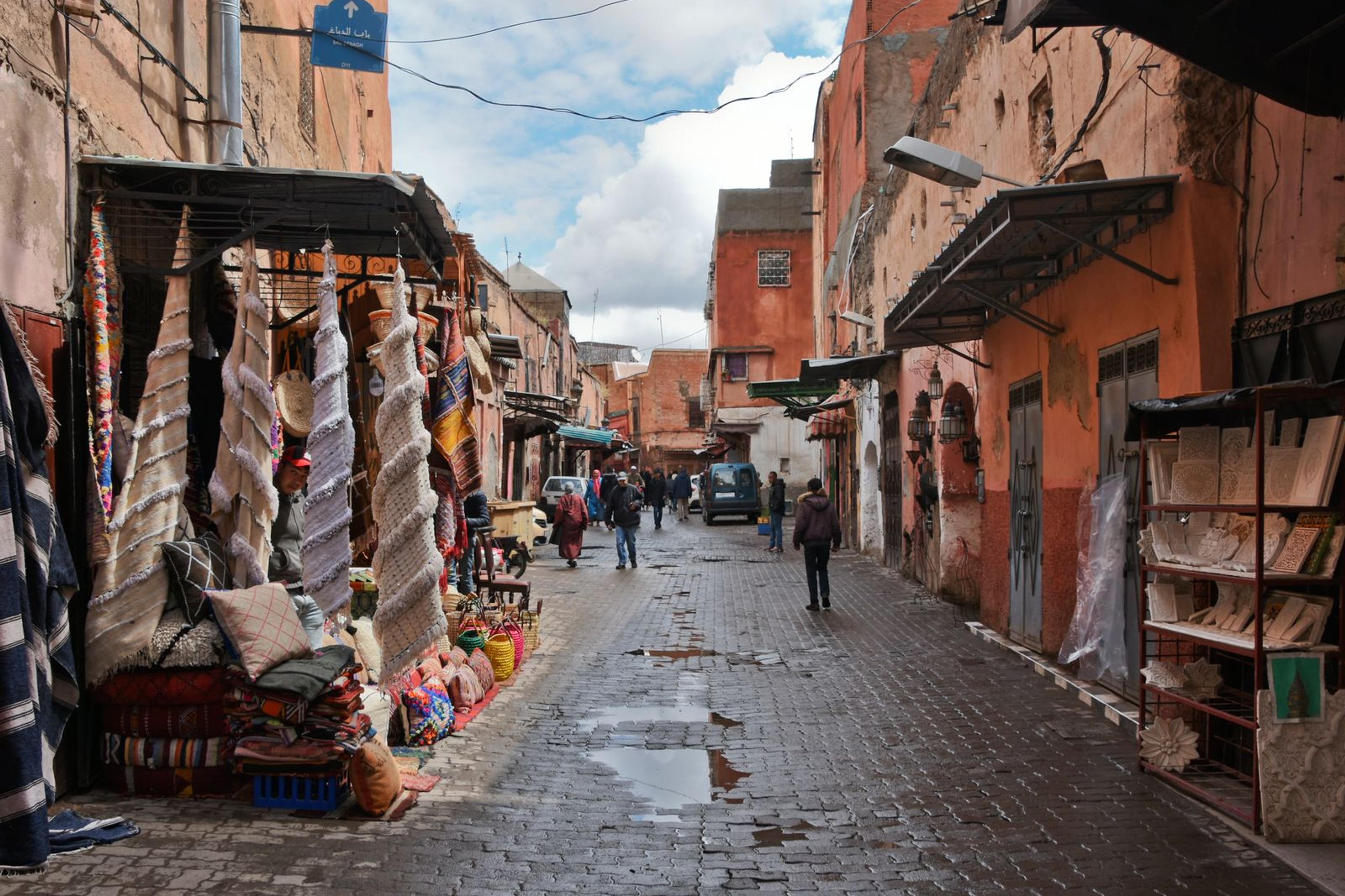 Bustling street in the Marrakech medina, Morocco