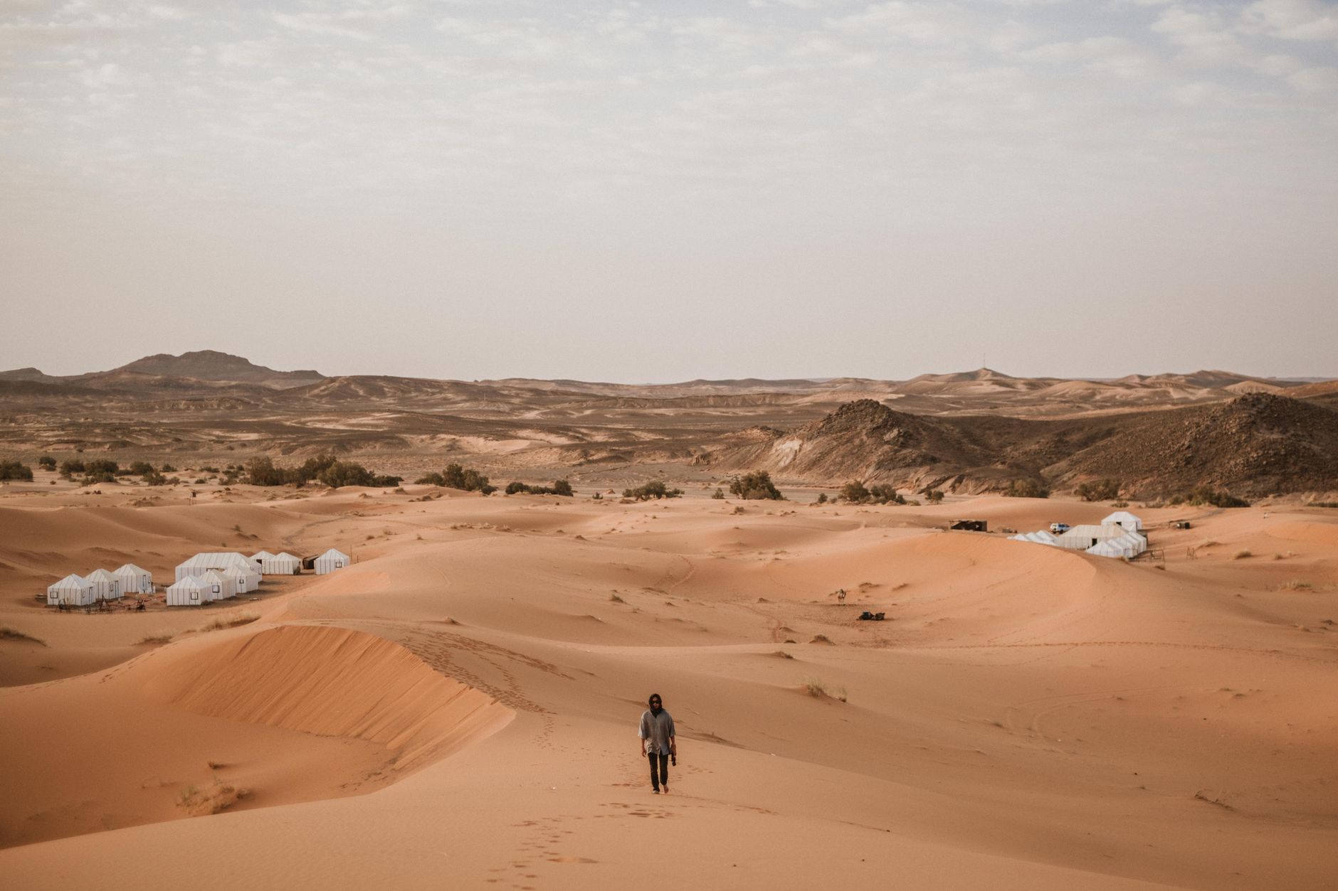 A lone walk toward a remote desert camp, Morocco