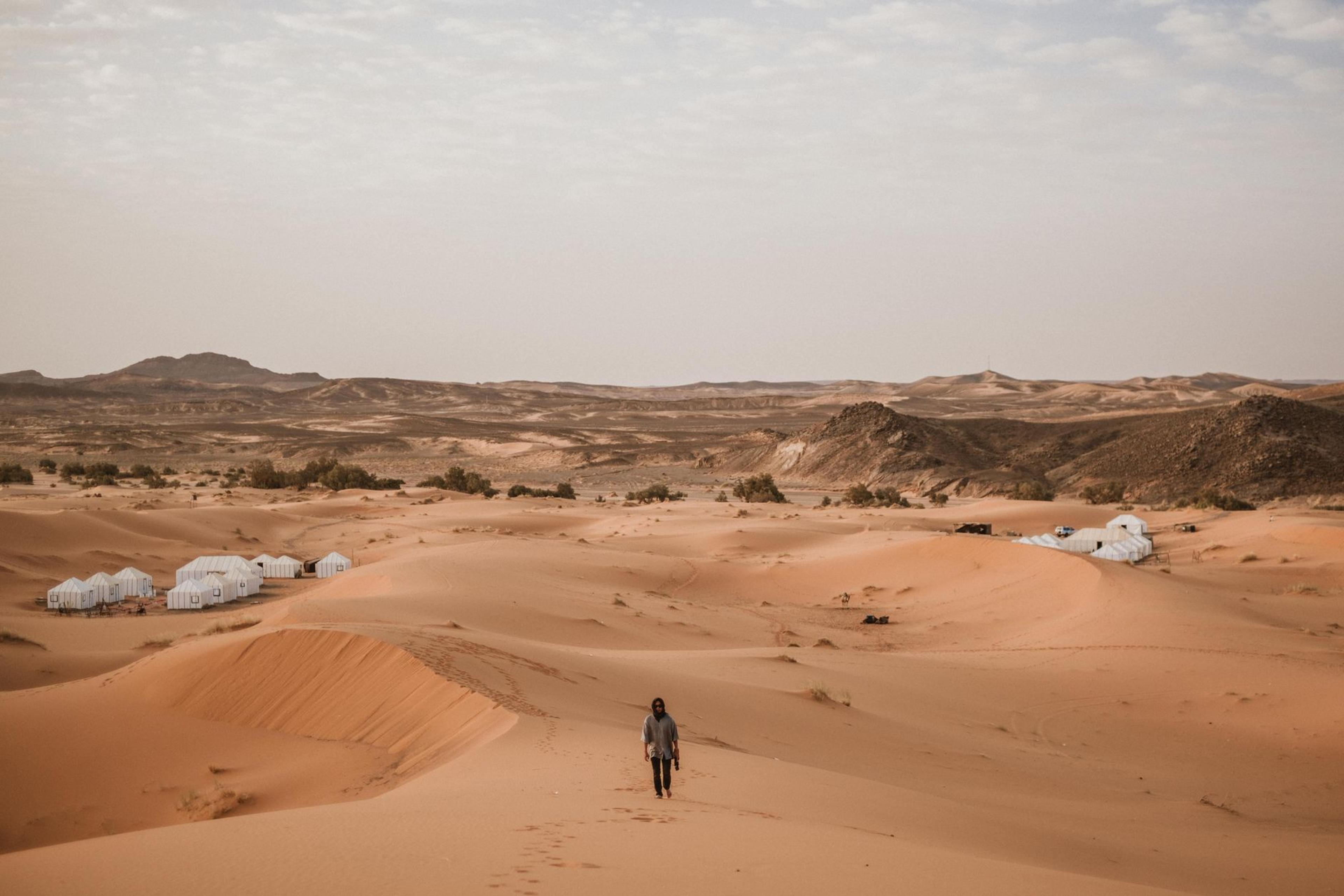 A lone walk toward a remote desert camp, Morocco