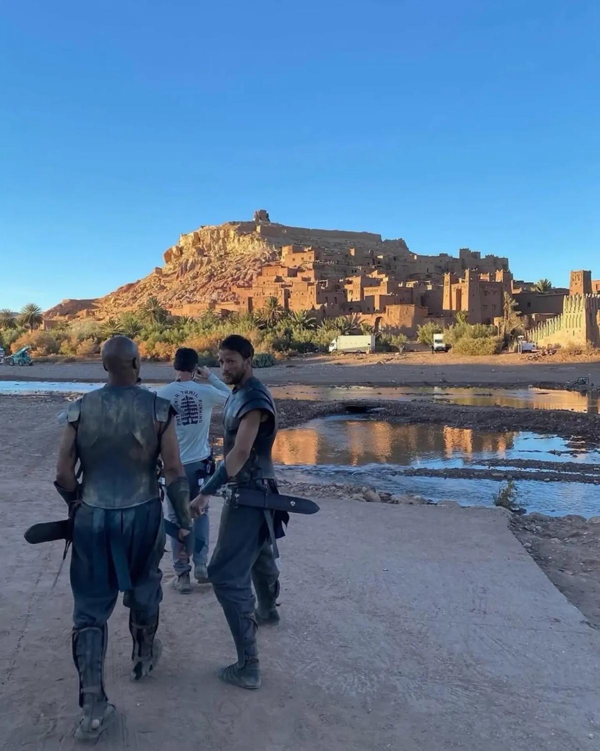 Costumed cast on location near Aït Benhaddou during The Odyssey shoot
