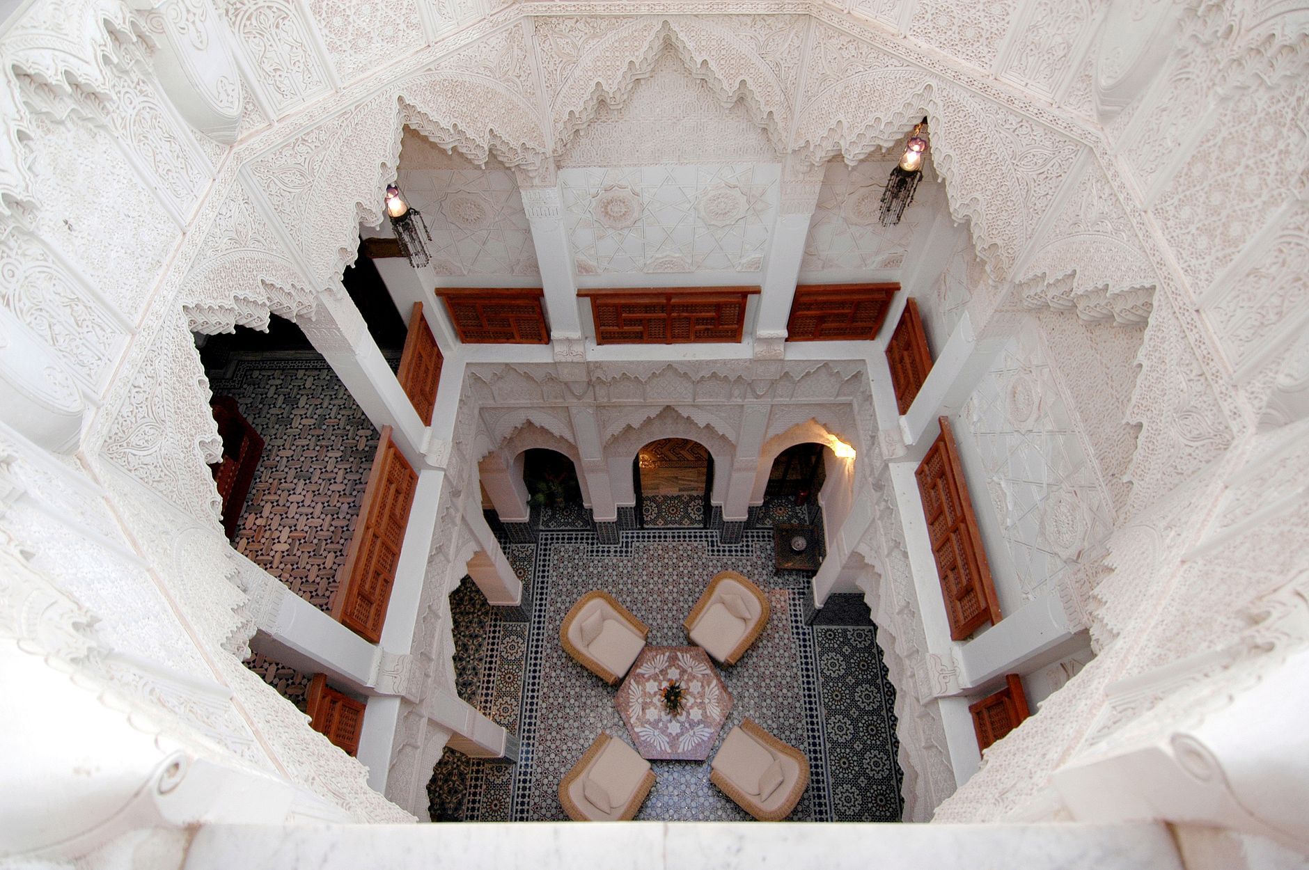 Courtyard of a traditional riad in the Marrakech medina, seen from above