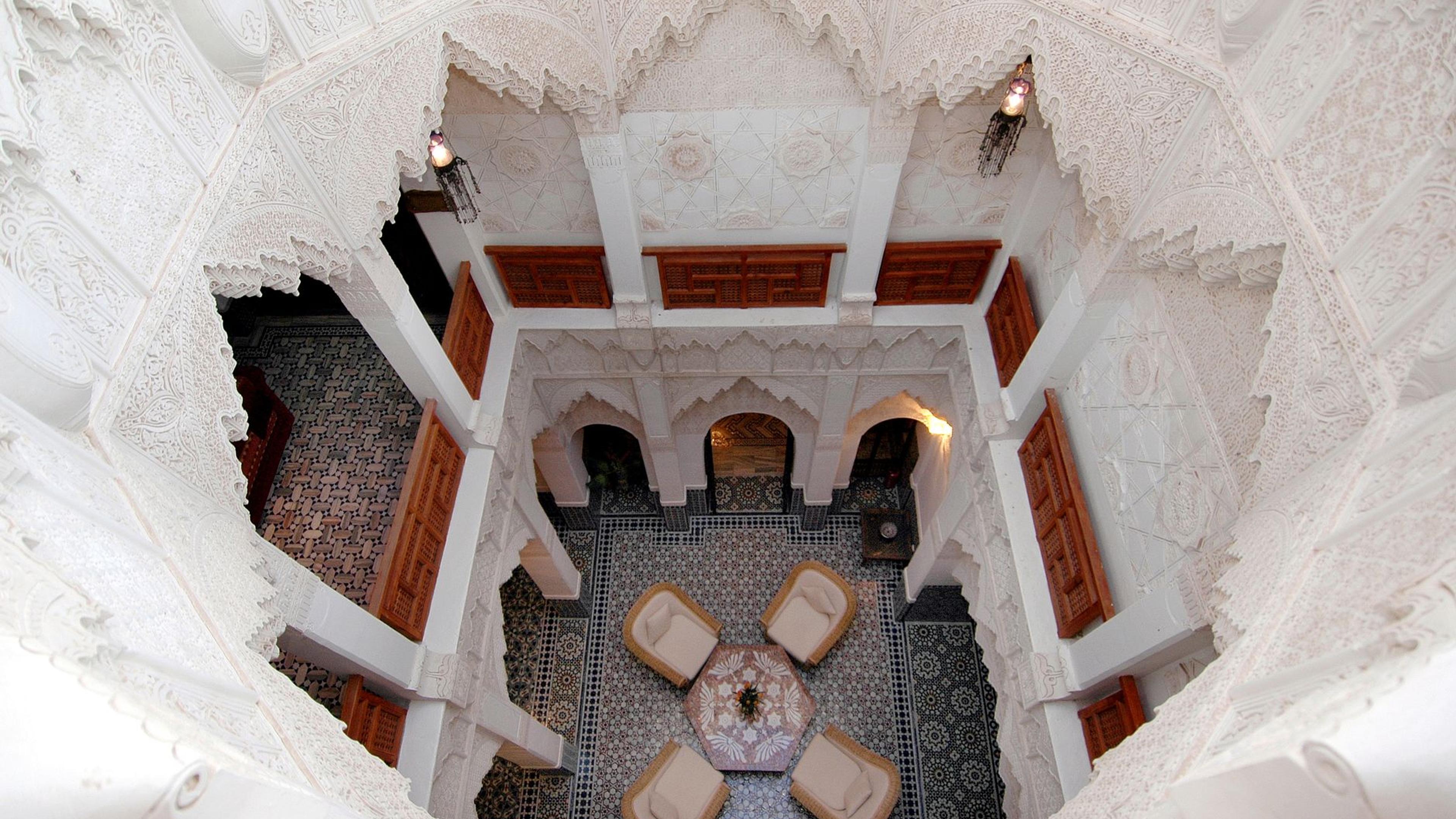 Courtyard of a traditional riad in the Marrakech medina, seen from above