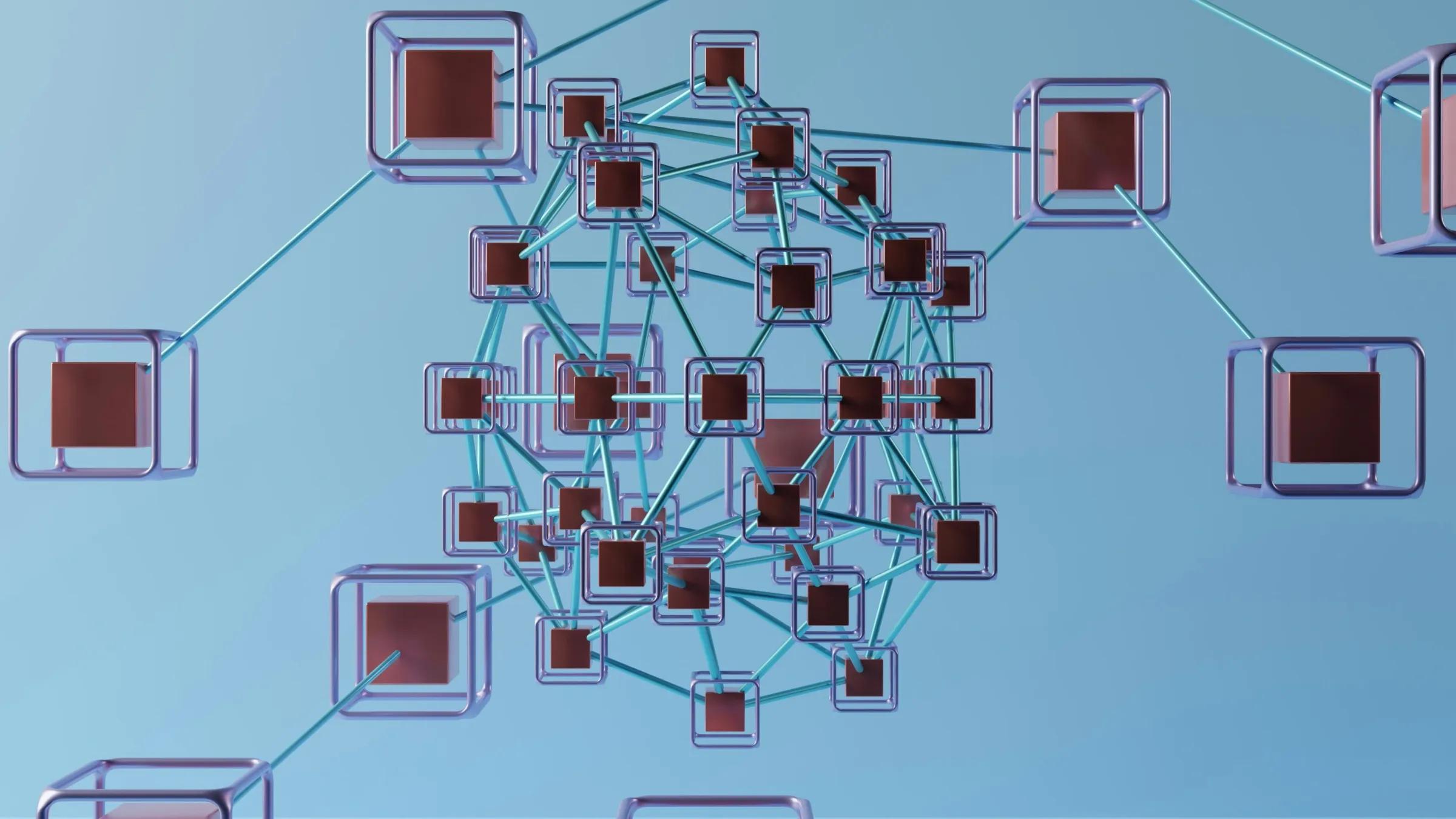 3D blockchain network of metallic wireframe cubes linked by teal lines, clustered at the center with outer blocks connecting in