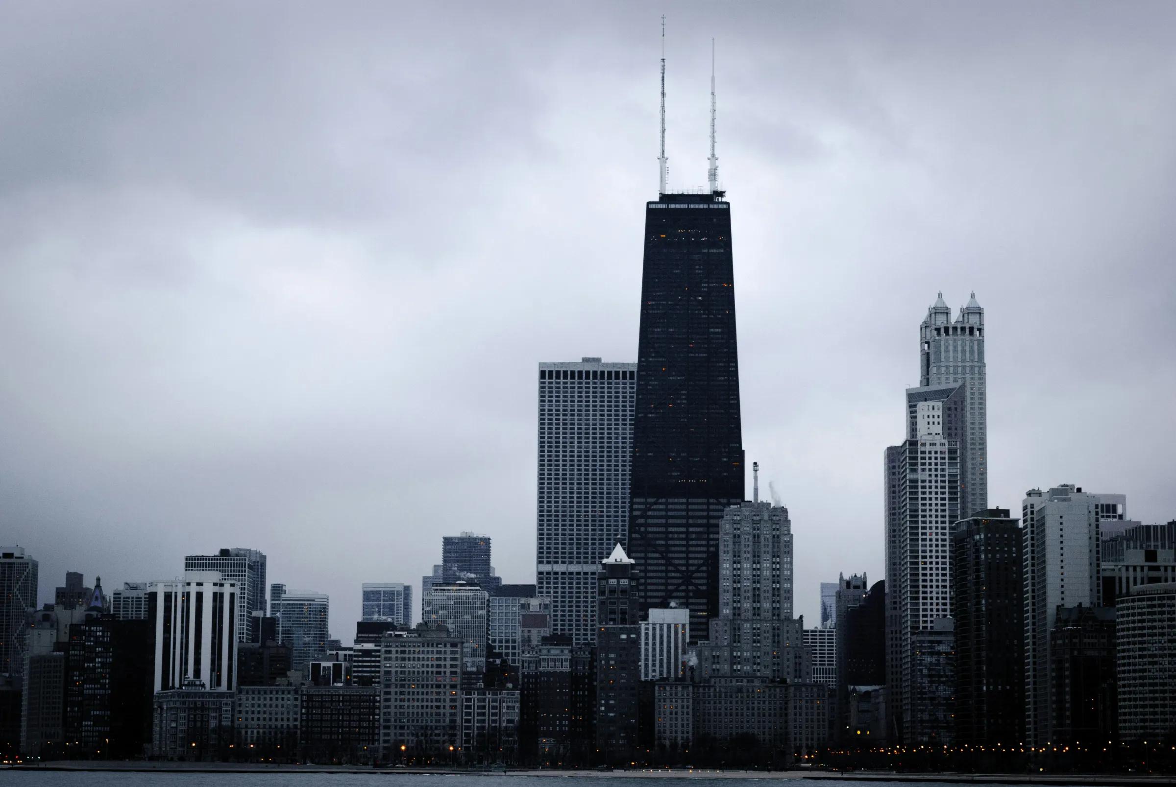  Wide-angle view of Chicago's skyline on a cloudy day, as seen from the Lakefront Trail.