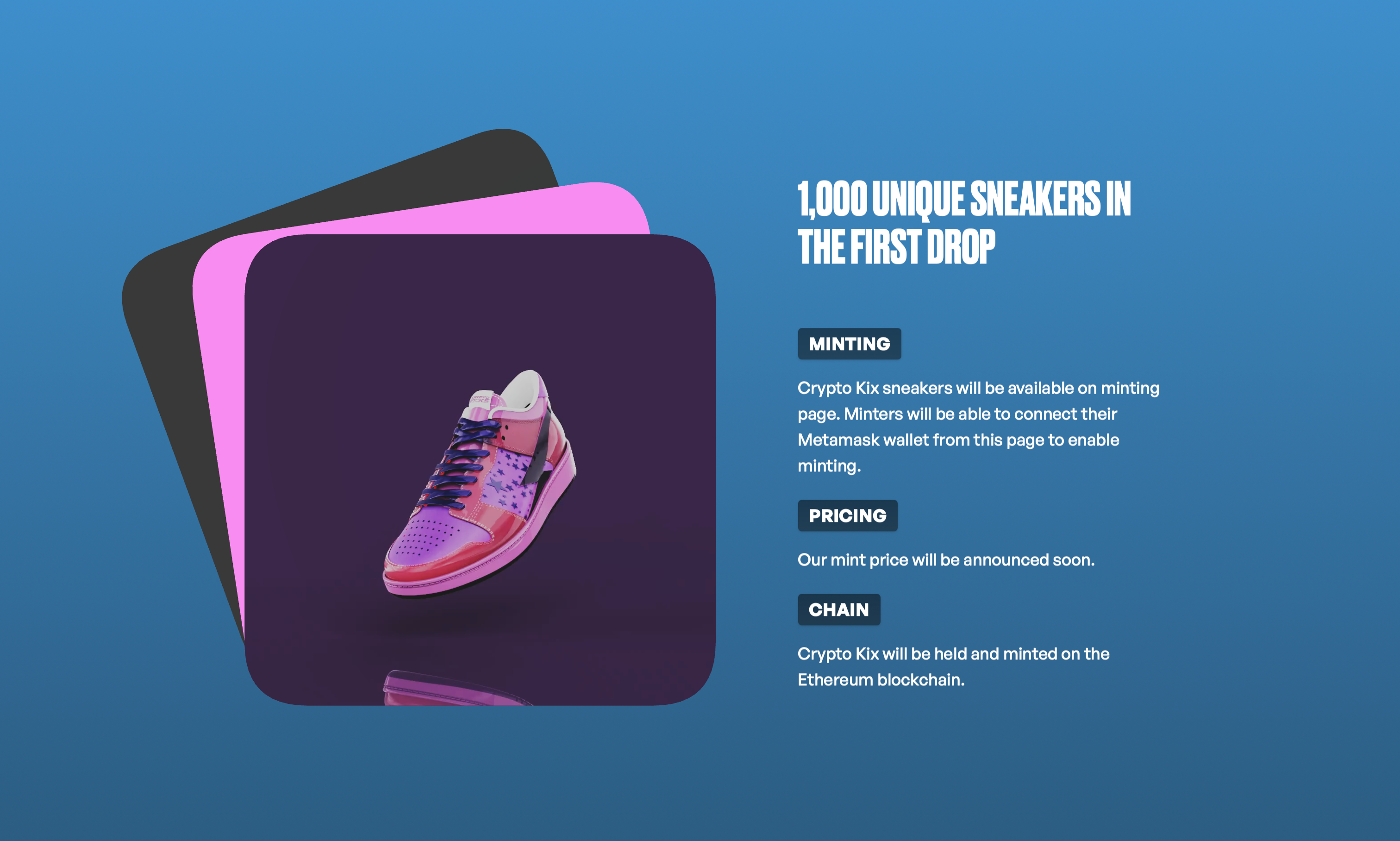 Crypto Kix Screenshot: "1000 Unique Sneakers in the First Drop"