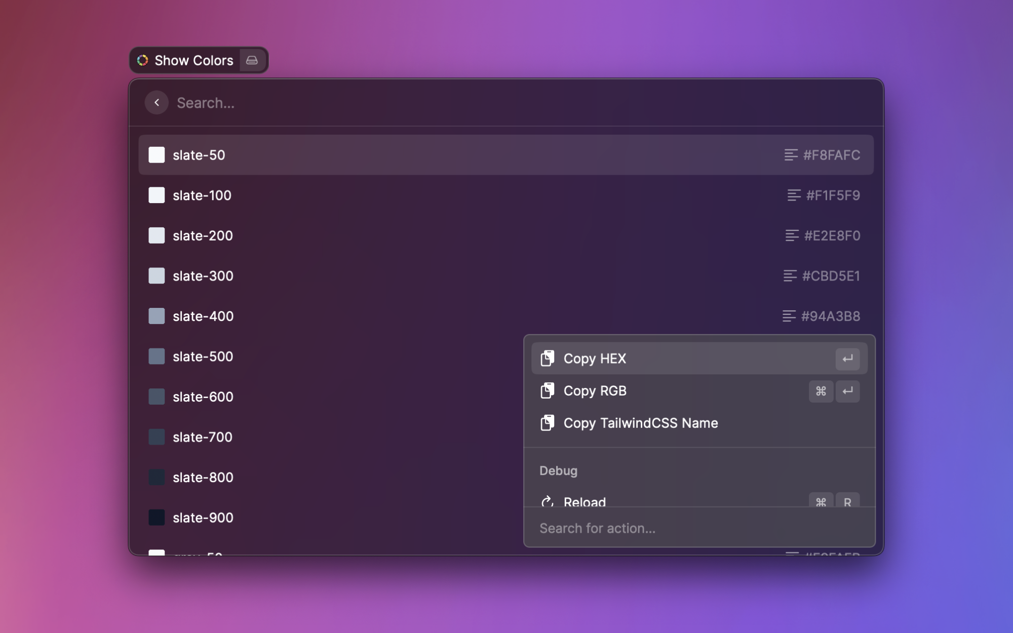 Interaction Pallette - Copy Hex, Copy RGB, Copy TailwindCSS Name