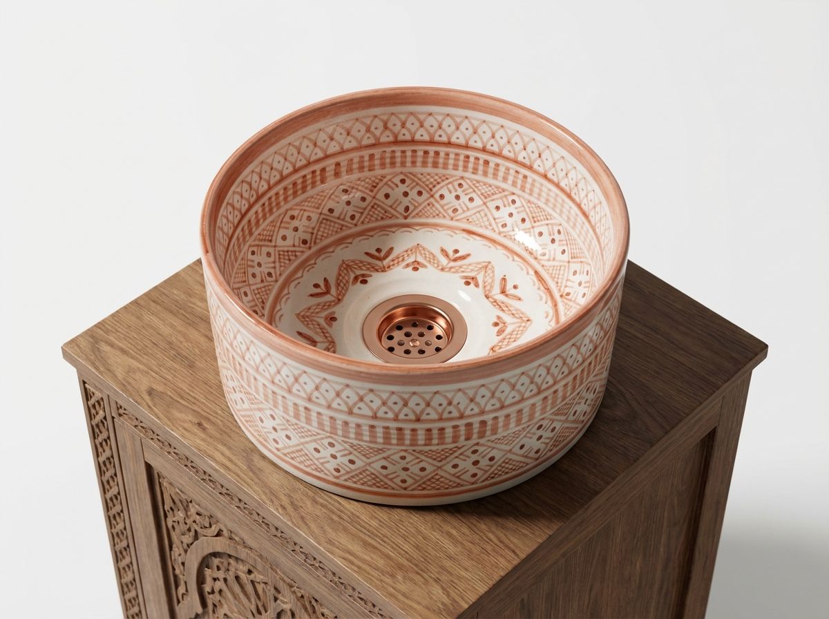 Sahara Sunrise: Hand-Painted Natural Clay Geometric Vessel Sink view 3