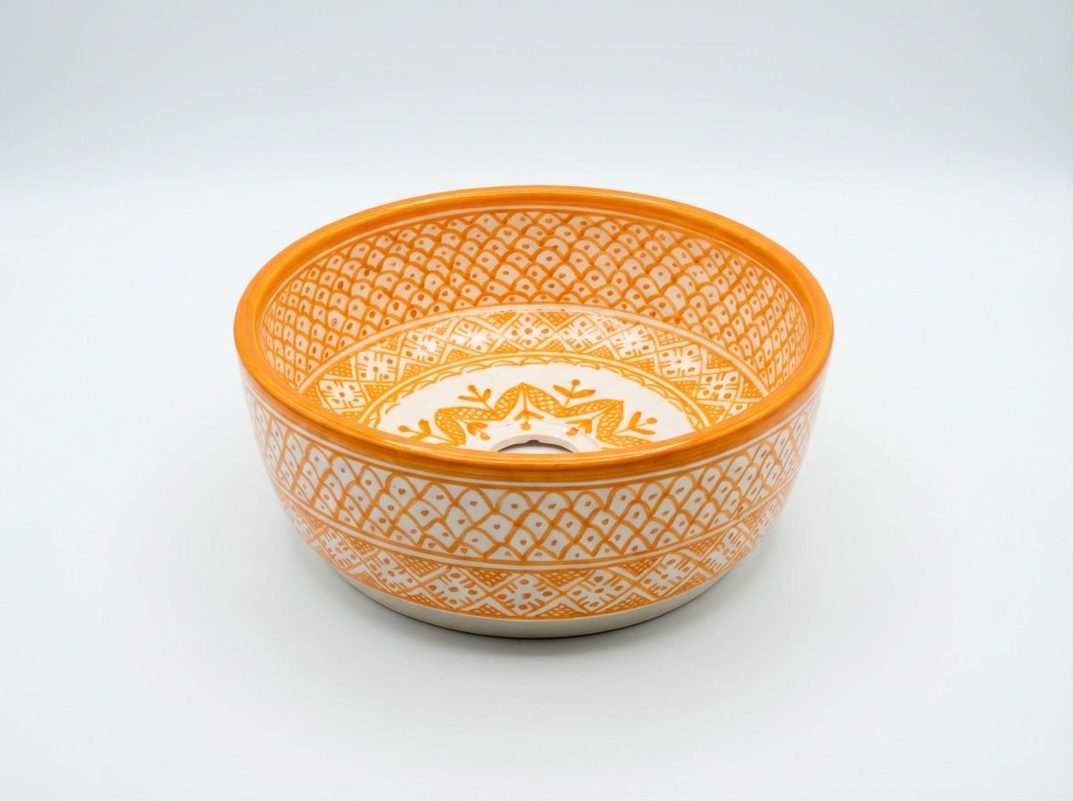 Safi Sunburst Hand-Painted Ceramic Vessel Sink - Orange & White view 2
