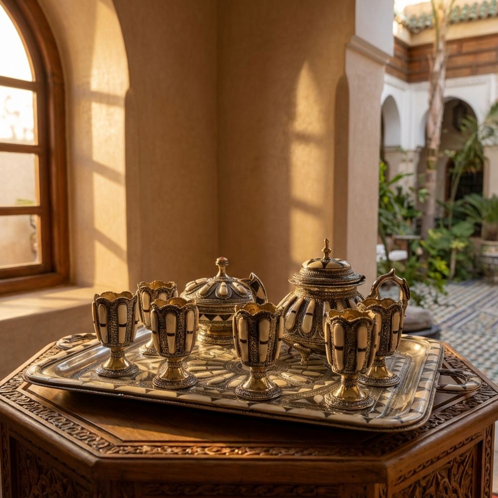 The Marrakech Royal Silver & Camel Bone Inlay Tea Service