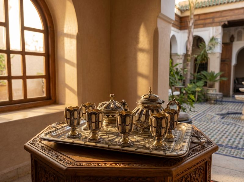 The Marrakech Royal Silver & Camel Bone Inlay Tea Service detail