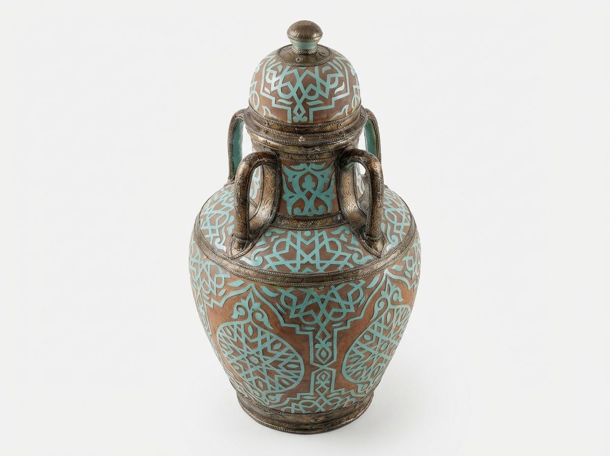 The Andalusian Azure: Hand-Chased Metal & Ceramic Lidded Urn view 3