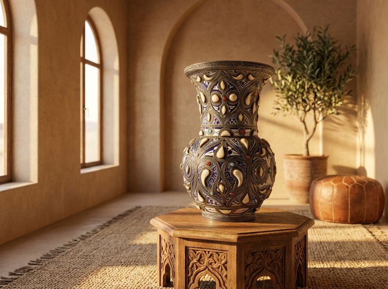 The Zahra Amphora: Silver Filigree & Camel Bone Inlay Vase detail