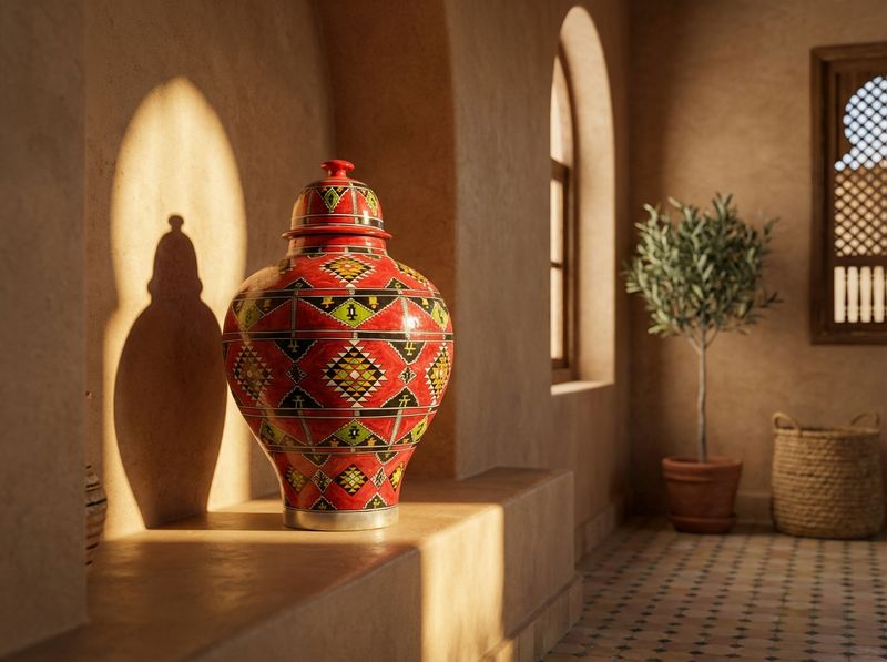 The Crimson Atlas: Large Berber Geometric Lidded Jar detail