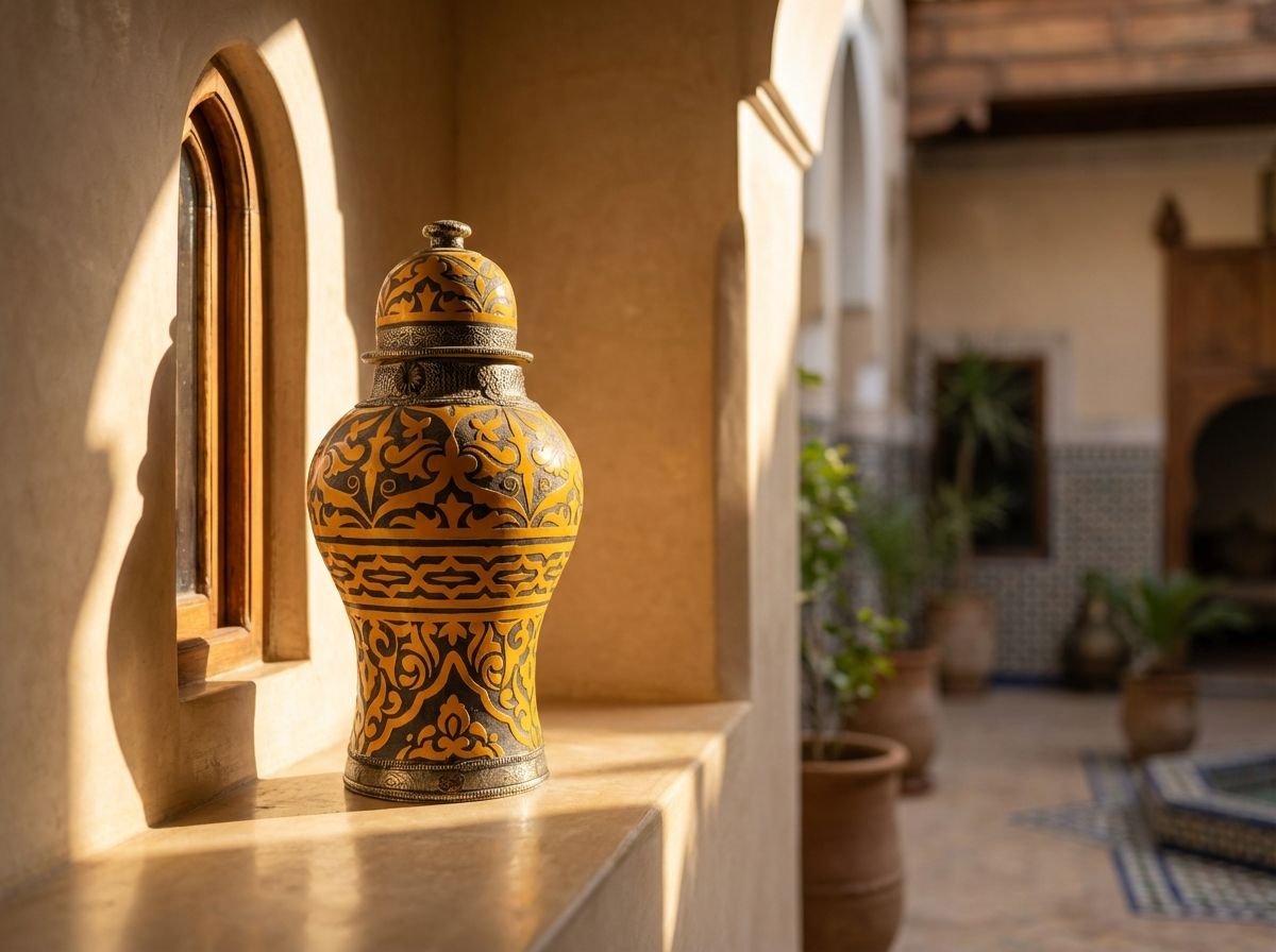The Golden Arabesque: Fez Ceramic & Silver Urn view 2