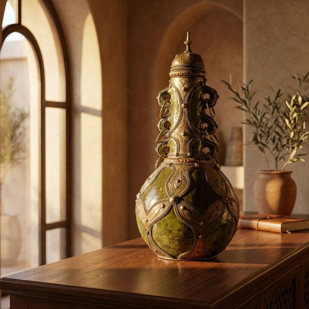 The Andalusian Oasis: Antique Brass & Green Enamel Ewer