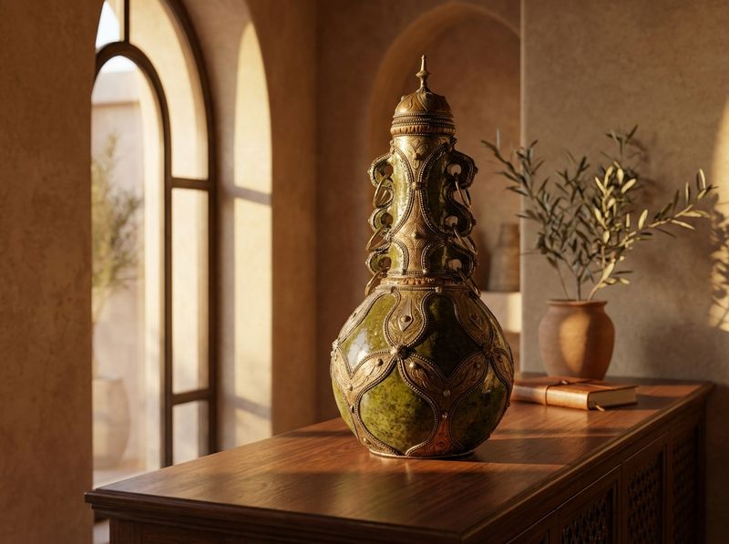 The Andalusian Oasis: Antique Brass & Green Enamel Ewer detail