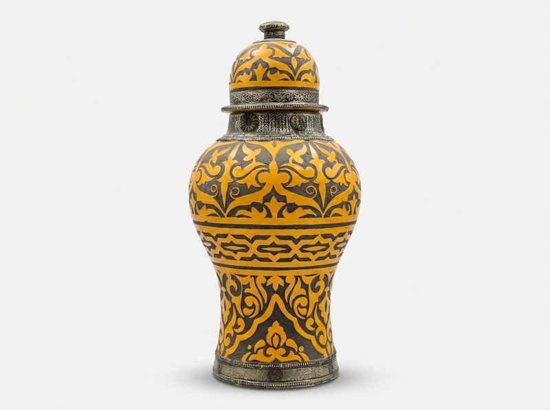 The Golden Arabesque: Fez Ceramic & Silver Urn