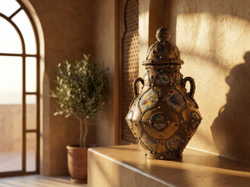 The Andalusian Brass & Ceramic Lidded Urn detail