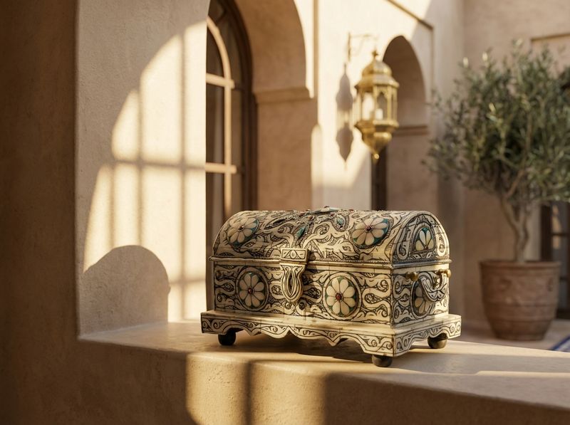 The Essaouira Royal Treasure Chest: Bone Inlay & Filigree Jewelry Box detail