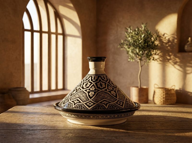 Fes Noir & Blanc: Hand-Painted Ceramic Serving Tagine detail