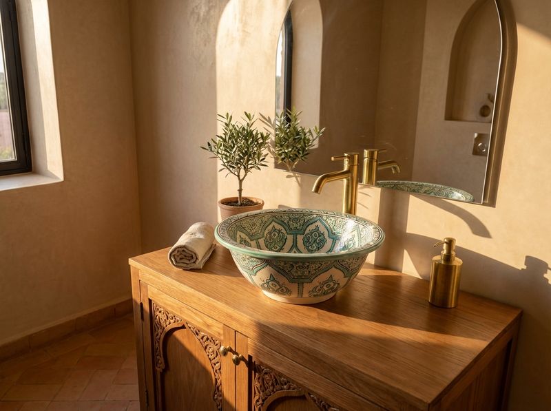 The Oasis Basin: Hand-Painted Fes Ceramic Vessel Sink detail