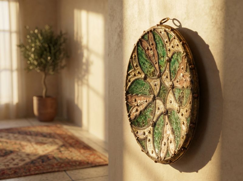 The Andalusian Emerald: Brass & Enamel Wall Charger detail