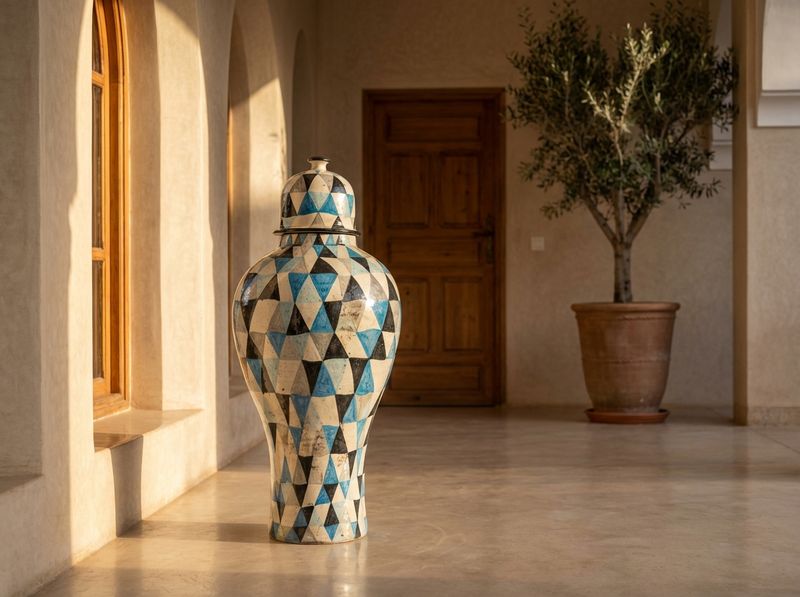 The Atlas Mosaic: Large Geometric Ceramic Urn detail