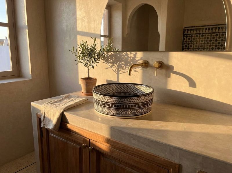 Fes Noir & Blanc Hand-Painted Ceramic Vessel Sink detail