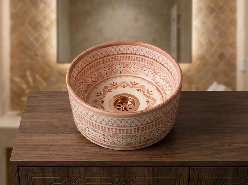 Sahara Sunrise: Hand-Painted Natural Clay Geometric Vessel Sink